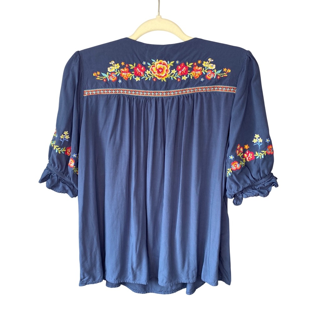 Savanna Jane Blue Floral Embroidered Boho Peasant Blouse Puff Sleeve Medium - Picture 2 of 12